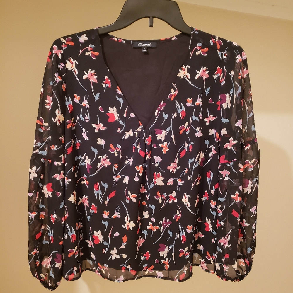 MADEWELL BLACK BLOUSE FLORAL SZ S